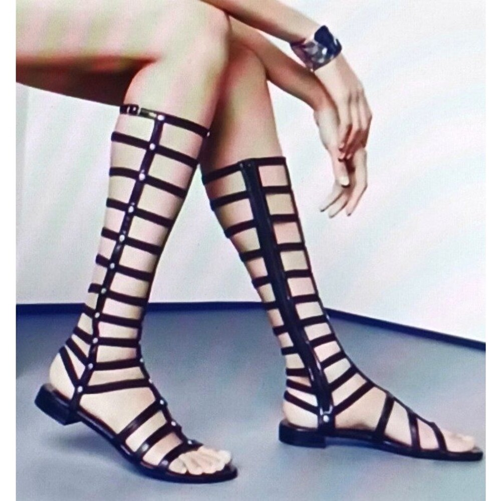Stuart Weitzman Blk Leather Tall Gladiator Sandals Silver Studs Back Zip Sz 7.5
